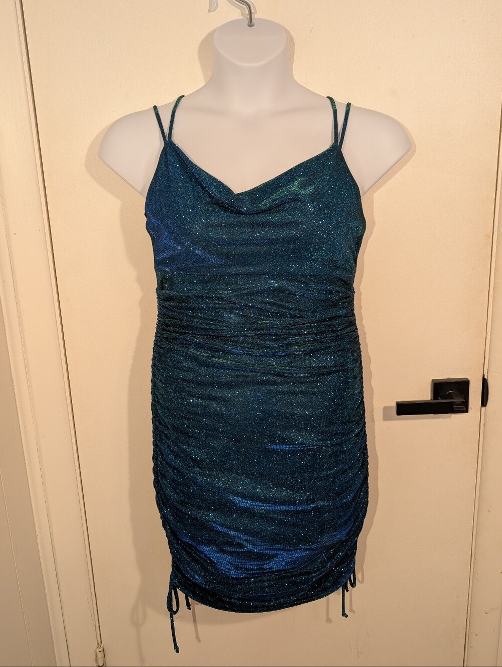 I.N. San Francisco Glittery Teal Ruched Cowl Slip Dress